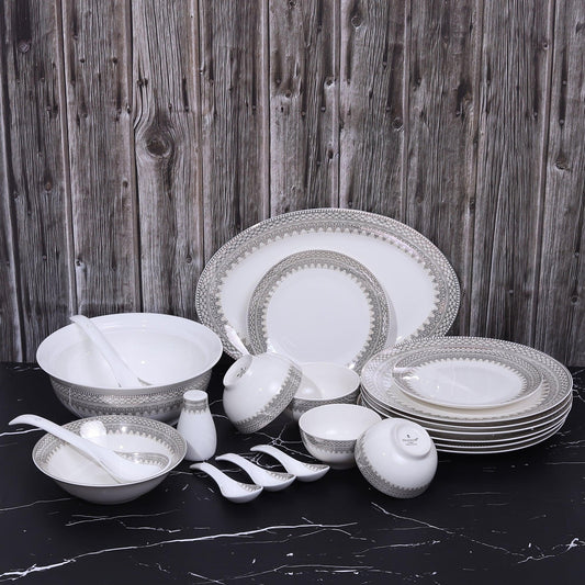 White and grey Printed Opal ware Glossy Dinner Set ( Set of 40 Pcs ) - Amora Crockery