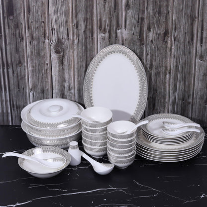 White and grey Printed Opal ware Glossy Dinner Set ( Set of 40 Pcs ) - Amora Crockery