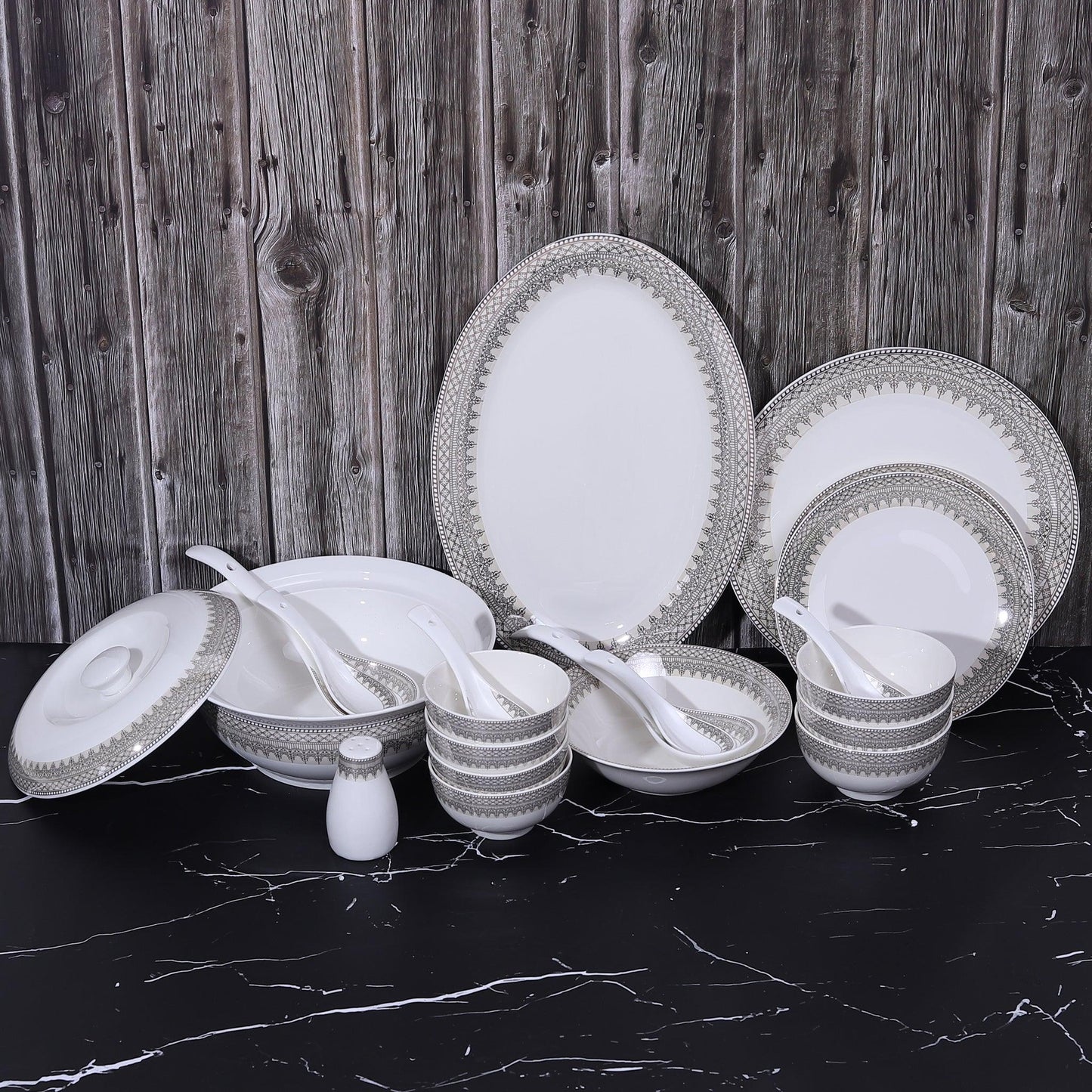 White and grey Printed Opal ware Glossy Dinner Set ( Set of 40 Pcs ) - Amora Crockery
