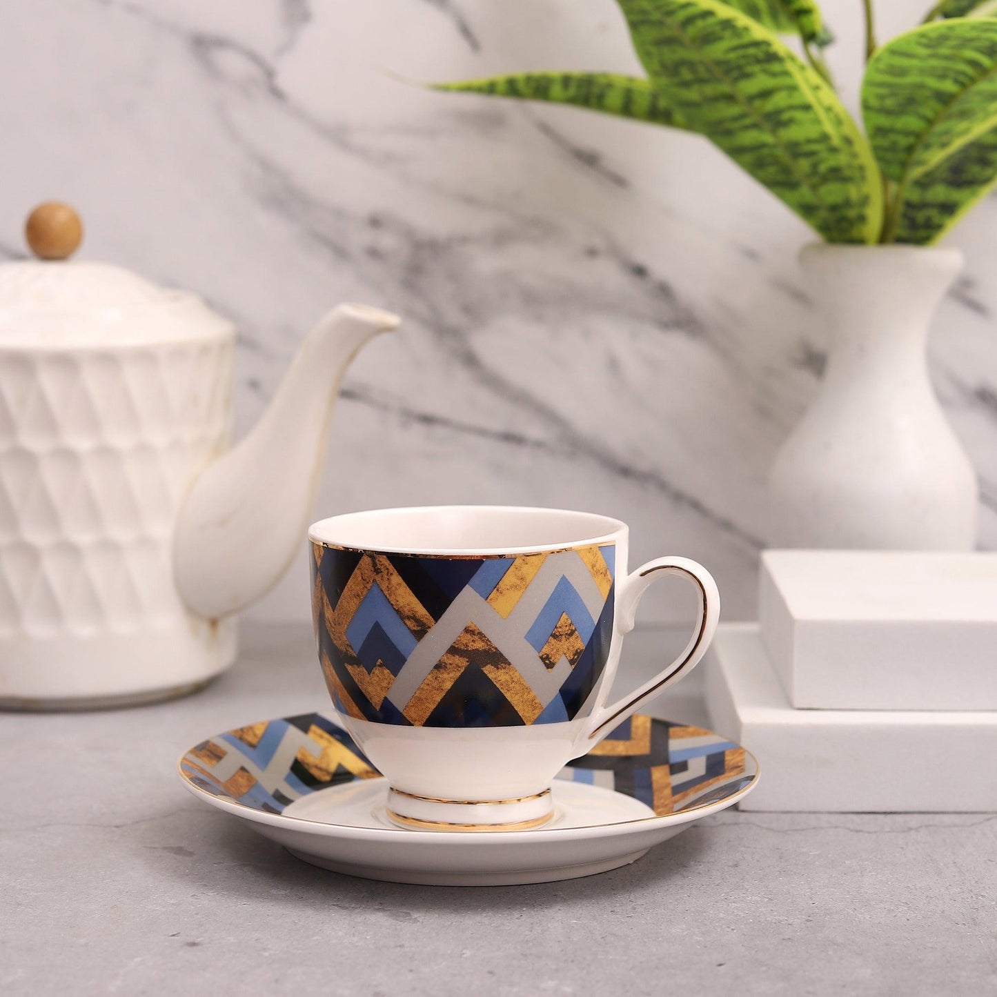Zigzag cups with saucer (Set of 6 Cups and 6 Saucers) - Amora Crockery