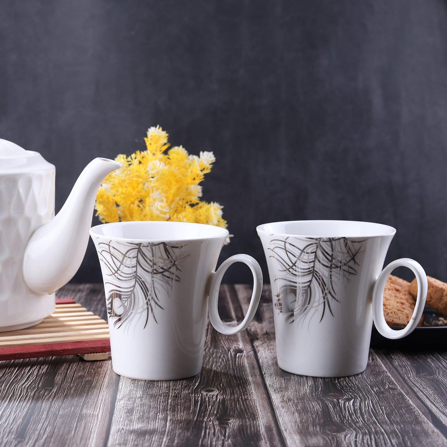 Imported White Silver Peacock Feather Mug ( Set of 2 ) - Amora Crockery