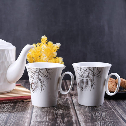 Imported White Silver Peacock Feather Mug ( Set of 2 ) - Amora Crockery