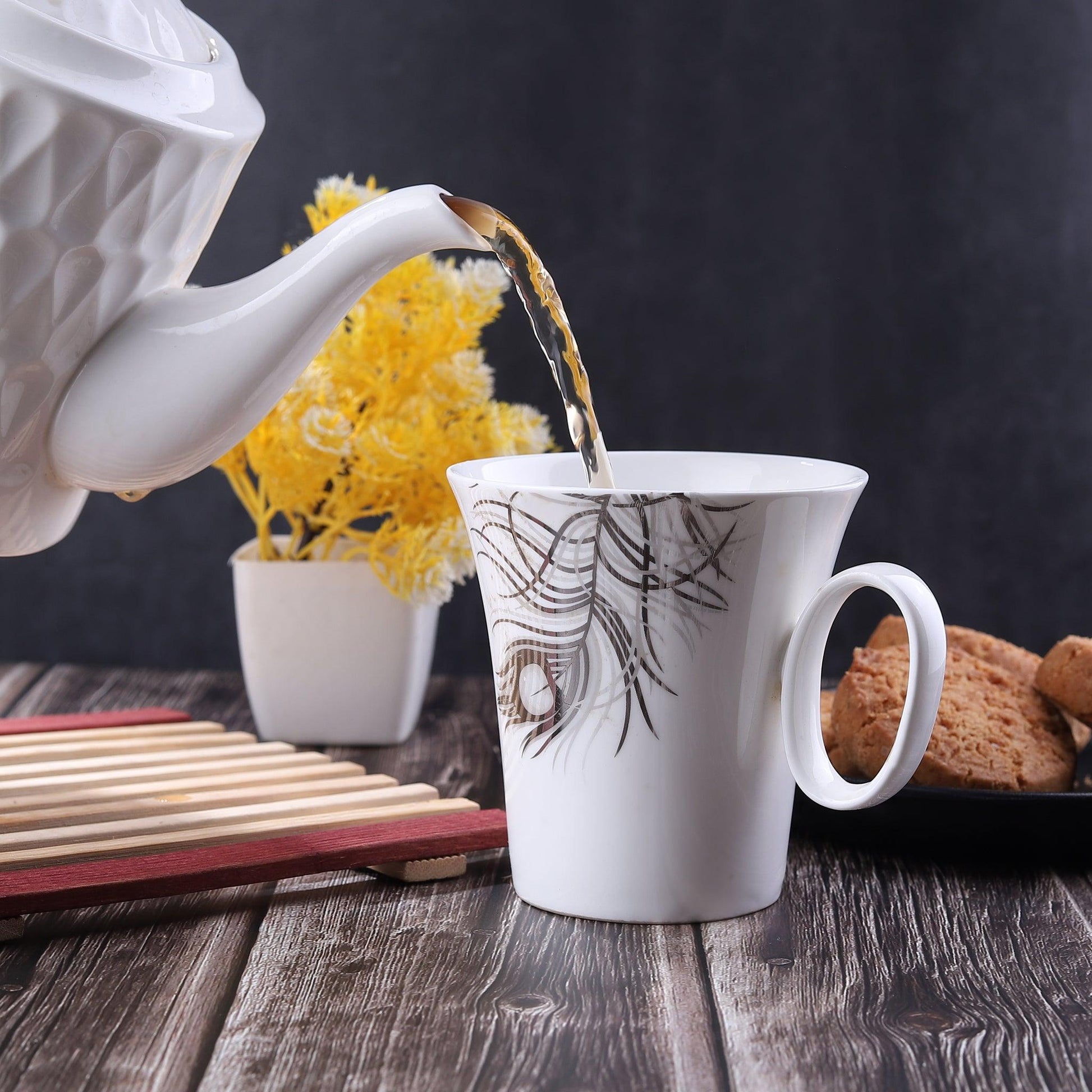 Imported White Silver Peacock Feather Mug ( Set of 2 ) - Amora Crockery