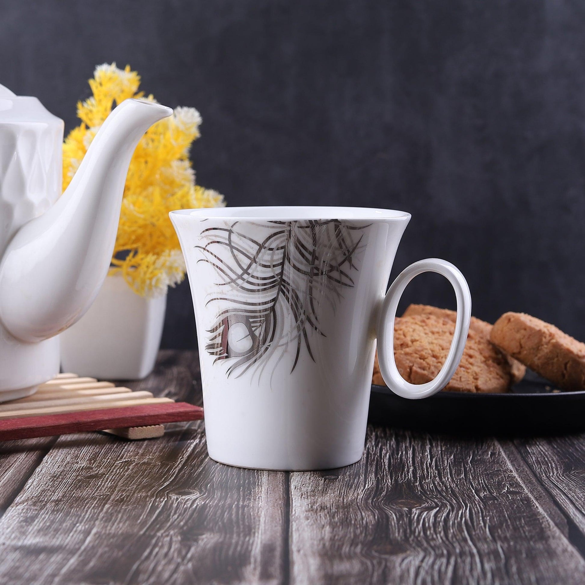 Imported White Silver Peacock Feather Mug ( Set of 2 ) - Amora Crockery