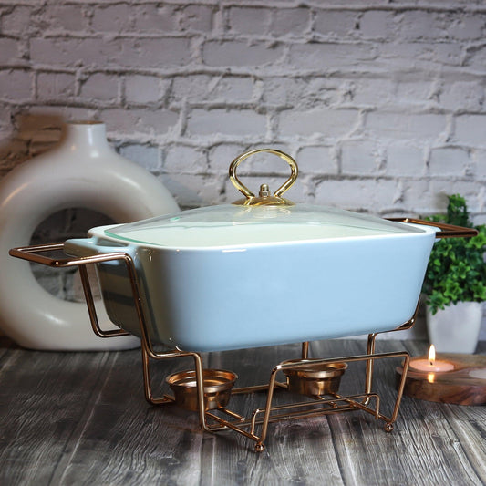 Rectangle Gold Toned Chafing Dish Casserole with Candle Warmer Stand in Subtle Blue 30.5 CM - Amora Crockery