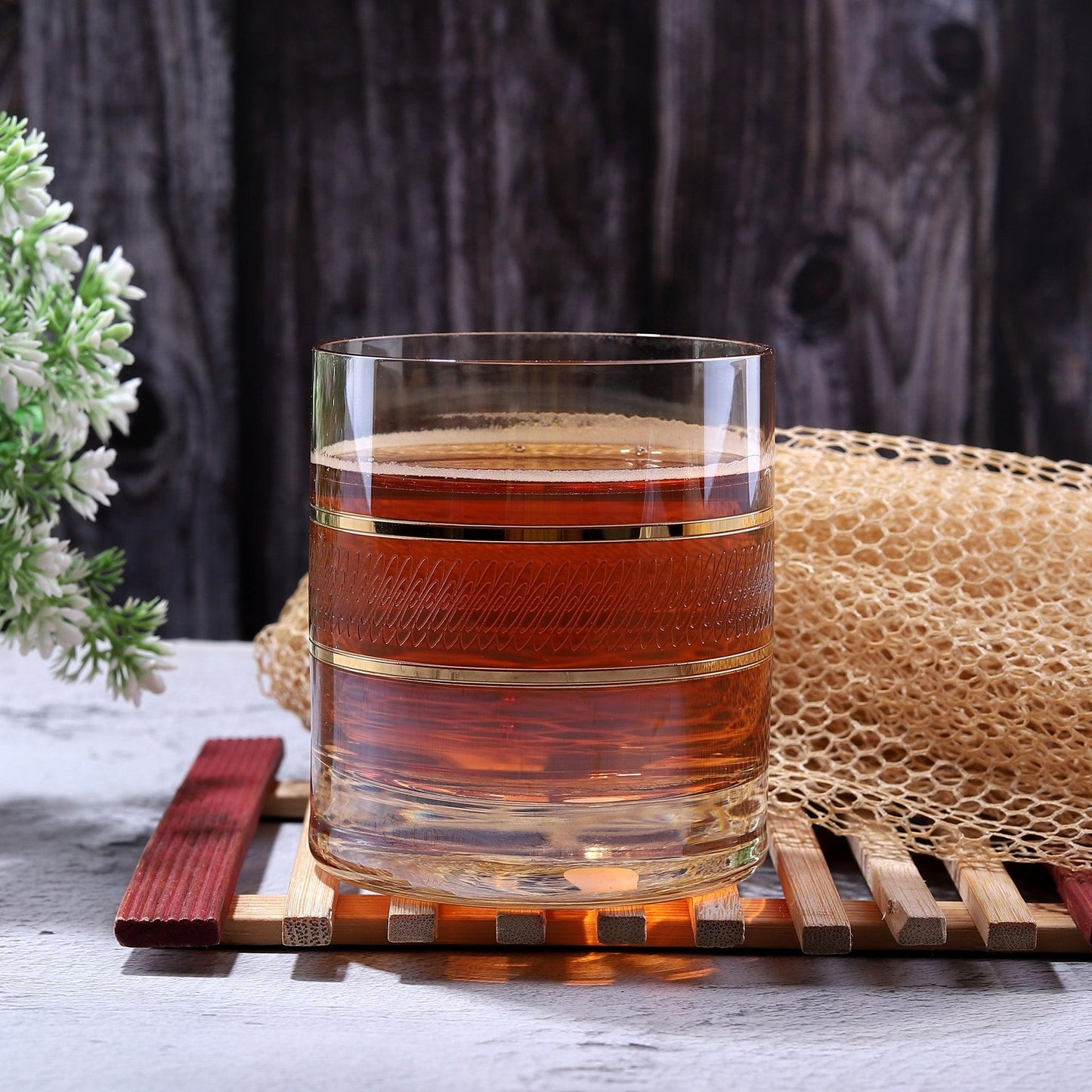 Short Drinking Whiskey Glasses in Mable Gold Honey ( Set of 6 ) - Amora Crockery
